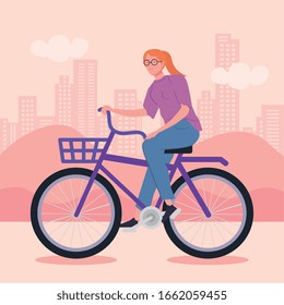 young woman riding bicycle avatar characters vector illustration design