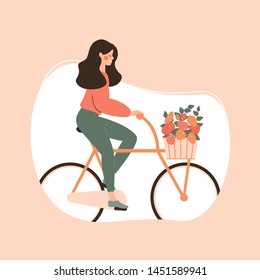 Young Woman riding bicycle with bouquet in basket. Concept of love and care of  flowers. Vector illustration 