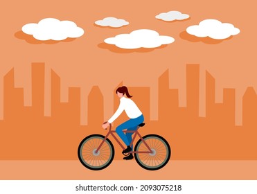 Young woman riding bicycle in the city in flat design. Female cyclist.