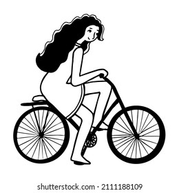 Young woman riding a bicycle, coloring book vector illustration in ink style