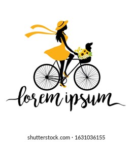 young woman riding bicycle with dog and flowers in bike basket, vector logo template