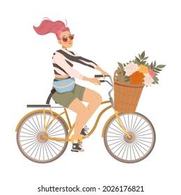 Young Woman Riding Bicycle with Flower Bouquet in Wicker Basket Vector Illustration