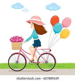 Young  Woman Riding Bicycle With Flowers And Balloon, Bicyclist, Healthy, Vehicle, Sport, Lifestyle