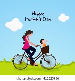 Young Woman riding a bicycle with her cute Baby on nature background. Vector illustration for Mother's Day celebration.