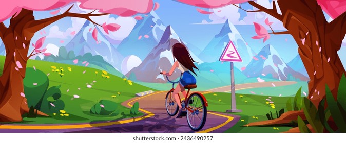 Young woman riding bicycle in mountain park. Vector cartoon illustration of active girl cycling on curvy road with warning sign, pink sakura tree petals flying in air, blue sky, healthy lifestyle