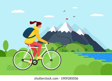 Young woman riding bicycle in mountains. Girl bicyclist tourist with backpack on bike travel in nature. Female cyclist active recreation on hill lake and forest. Cycle ride touring vector illustration