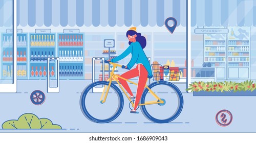 Young Woman Riding Bicycle on Street with Shop Window. Girl Cycling after Shopping. Bike Basket with Grocery Product. Healthy Transportation. Food Delivery Service Vector Illustration