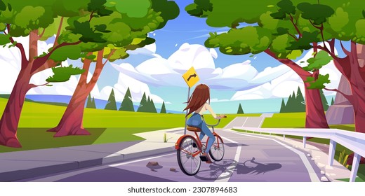 Joven montando bicicleta en la carretera de montaña. Dibujo vectorial de una chica activa disfrutando del ciclismo de verano bajo los árboles del bosque, dirigiéndose a las colinas en el horizonte, cielo azul. Estilo de vida saludable