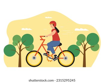 young woman riding a bicycle on holiday. To fill boring days with sports in the park.Flat illustration