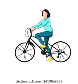 a young woman is riding a bicycle on a white background