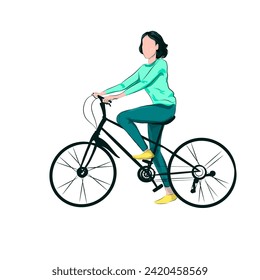 a young woman is riding a bicycle on a white background