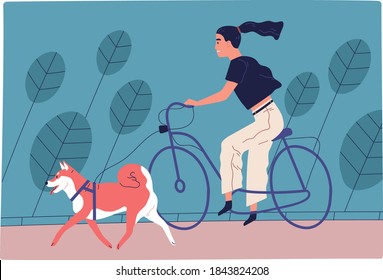 Mujer joven en bicicleta en el parque con perro corredizo. El personaje femenino pasa tiempo junto con el animal doméstico al aire libre. Escena de recreación activa con mascota. Ilustración de dibujos animados de vector plano