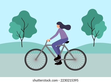 Young woman riding bicycle in a park in flat design.