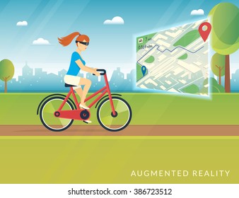 Young woman riding a bicycle in the park and wearing head mounted glasses to see a bicycle path on the mobile augmented reality map. Conceptual futuristic illustration of using portable screens 