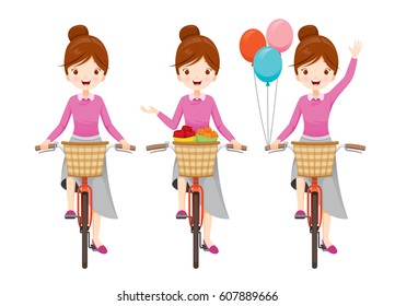 Young Woman Riding Bicycle Set, Bicyclist, Healthy, Vehicle, Sport, Lifestyle