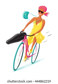 Young woman riding a bicycle at speed with her handbag blowing in the wind and a violin or guitar case attached to the handlebars, colorful vector illustration