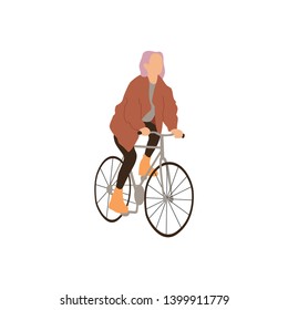 Young woman riding a bicycle. Vector flat illustration