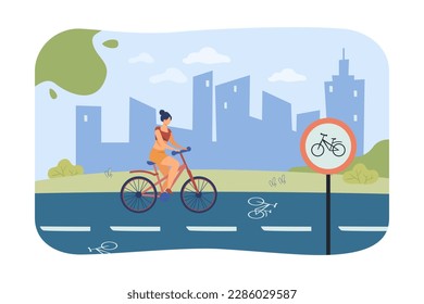 Young woman riding bicycle vector illustration. Cyclist traveling on bike path on city background. Cycling, sport, healthy lifestyle, outdoor activity concept