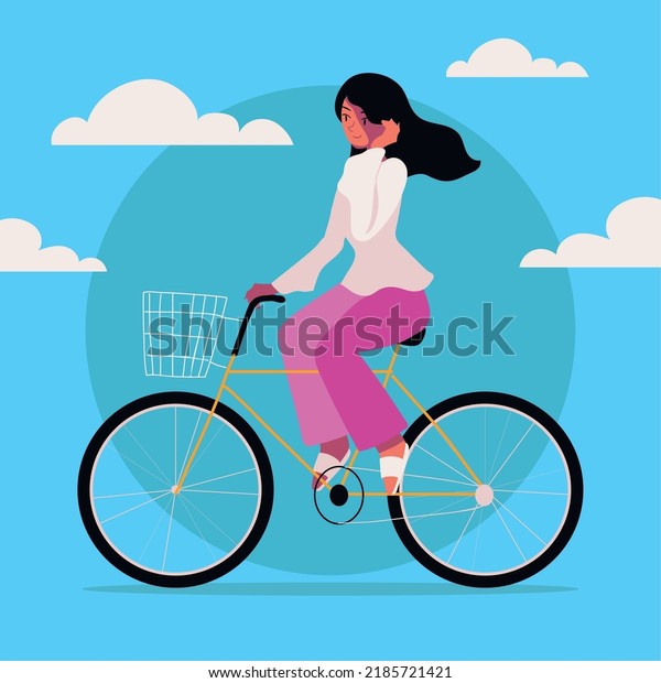 young woman riding\
a bicycle, world car\
free