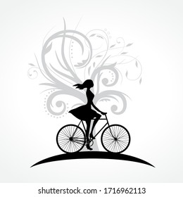 Young Woman Riding Bike And Abstract Tree In Behind, Vector