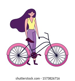 young woman riding bike ecology concept vector illustration