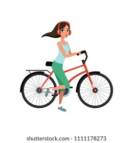 Young woman riding a bike with headphones, active lifestyle concept vector Illustrations on a white background