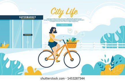 Young Woman Riding Bike With Healthy Food In Basket She Bought In Supermarket. City Dweller Lifestyle, Active Girl On Bicycle Spend Weekend, Leisure Cartoon Flat Vector Illustration, Horizontal Banner