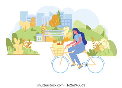 Young Woman Riding Bike with Healthy Food in Basket she Bought in Supermarket at Summer Time. City Dweller Lifestyle, Active Girl on Bicycle Spend Weekend, Leisure Cartoon Flat Vector Illustration