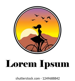 young woman riding bike, logo template