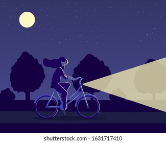 Young woman riding bike at night. Female athlete, sport exercise, night trip. Cartoon character on bicycle, biking  in the evening city, park. Girl in the moonlight