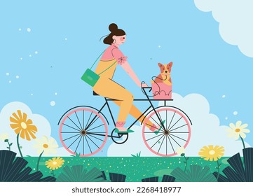 young woman riding bike with puppy dog going outing in spring flat vector illustration. beautiful girl riding bicycle with her Corgi dog. spring landscape with flower meadow. blue sky and white clouds