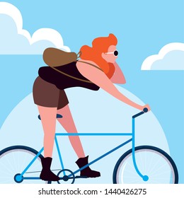 young woman riding bike with sky and clouds