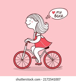 Young Woman Riding A Bike. Vector Cute Girl On Bike Pink Greeting Card Background For Text