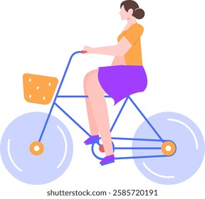 Young woman riding a blue bicycle with a front basket and colorful wheels, enjoying a healthy outdoor activity and promoting sustainable transportation