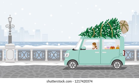 Young woman riding the car which loaded the Christmas tree - Winter stone paving road background