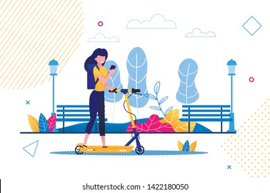 Young Woman Riding Electric Scooter Holding Mobile Phone Banner Vector Illustration. Girl with Smartphone on Vehicle. Girl Moving around Park. Female Character with Gadget in Hands.