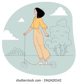 Young woman riding the electric scooter on the city park background feeling delighted. Flat design thin line vector concept.