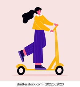 Young woman riding an electric scooter. Ecological city transport. Hand drawn vector illustration. Alternative, eco-friendly transportation. Cute smiling girl on a yellow electric scooter.  

