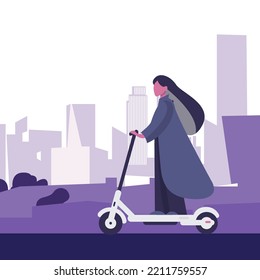 Young woman riding electric scooter modern cityscape background. Ecology transport concept. Flat style. Vector illustration.