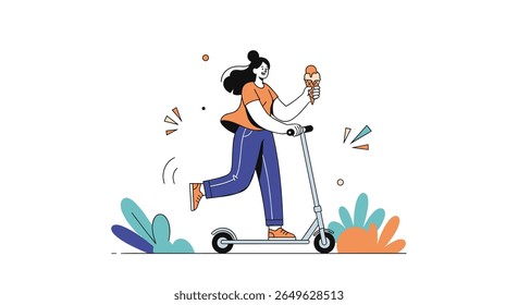 Young woman riding electric scooter enjoying ice cream cone on sunny day amidst greenery and abstract shapes