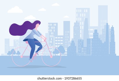 Young woman riding her bicycle in the city with a beautiful cityscape. Cute young woman on bike. Adorable female bicyclist riding. Flat style vector character illustration with cityscape.
