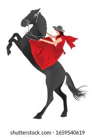 young woman riding her horse.Side view portrait of beautiful woman
riding her  horse  cute girl. vector image of young girl with horse.
