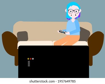 young woman riding up her shoulder, painted blue and purple, plays with a wireless controller or cintrol, a console on a flat screen