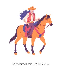 Young woman riding horse in cowboy hat and clothes. Cowgirl rider. Hand drawn isolated vector illustration.