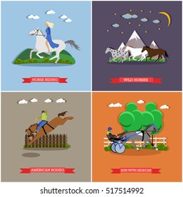Young woman riding horse. Three wild horses galloping. Trotter running with sidecar and horseman. American rodeo. Wild and domesticated horses concept vector illustration in flat style