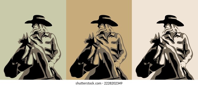 Young woman riding horse, wearing a cowboy hat. Cowgirl Vintage engraved style hand drawn vector illustration isolated on different color backgrounds. Stylized black and white monochrome graphic.