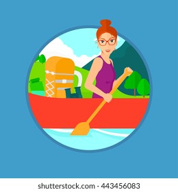 Young woman riding kayak in the river with a skull in hands and some tourist equipment behind her. Vector flat design illustration in the circle isolated on background.