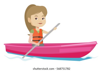 Young woman riding in a kayak in the river. Woman with skull in hands traveling by kayak. Female kayaker paddling. Woman paddling a canoe. Vector flat design illustration isolated on white background.