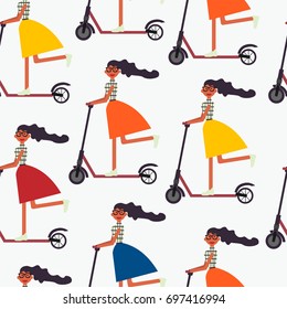 Young woman riding a kick scooter. Seamless pattern. Vector.
