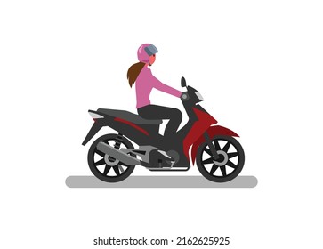 Mujer joven en moto. Vista lateral. Ilustración plana simple.
